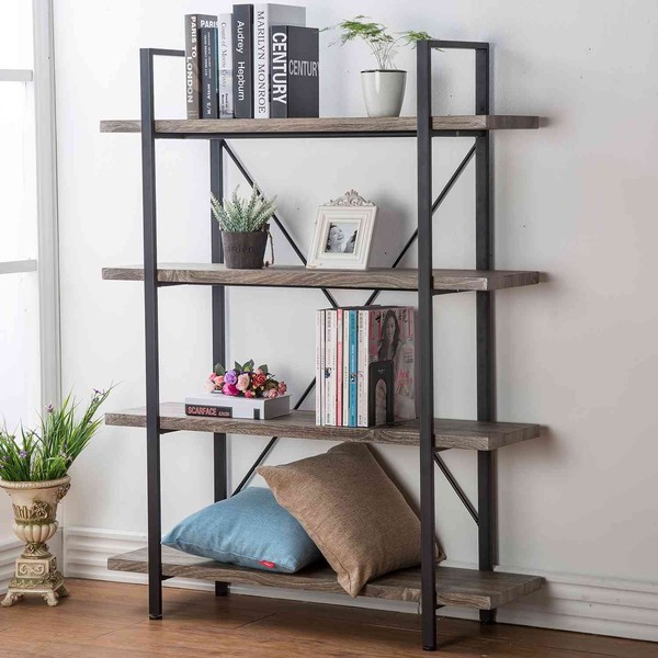 HSH 4-Shelf Vintage Industrial Bookshelf, Rustic Wood and Metal Bookcase,
