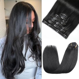 Extensiones de cabello con clip, cabello humano real, extensiones de cabello con clip, cabello humano real, negro natural, 7 piezas, liso, extensiones de cabello humano Remy suave de primera calidad