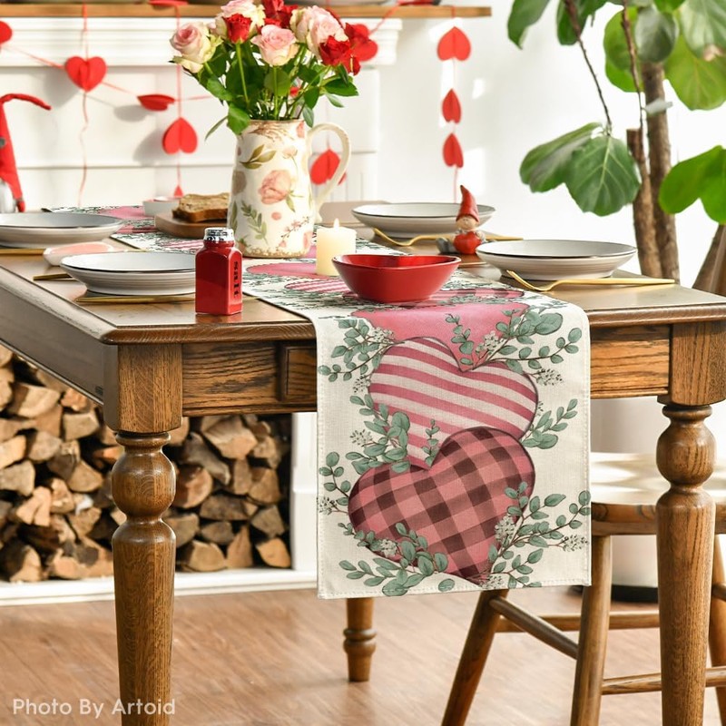 Artoid Mode Pink Eucalyptus Hearts Table Runner, Anniversary HoliKitchen Dining