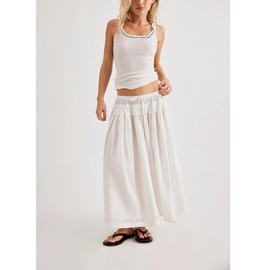 HOXIJIA Women Long Skirt 2 Pieces Set Hollow Out Eyelet Lace Tie Front Vest and Skirt 2PCS Outfits Vintage Solid Color Set(White, M)