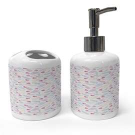 Ambesonne Pastel Soap Dispenser & Toothbrush Holder Set, Various Cosmetics and Beauty Product Sketches with Pink Hearts Pattern, Ceramic Bathroom Toiletry Accessories, 2 Pcs, Pale Grey and Multicolor