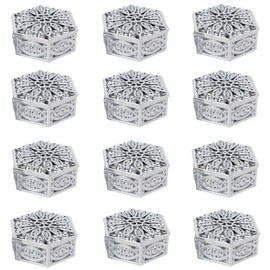 HAN SHENG 12 Pcs Hollow Out Hexagon Candy Boxes Wedding Favor Boxes Candy Storage Boxes Gift Boxes Baking Decoration for Wedding Christmas Birthday Party Decorating Ornament Container (Silver)