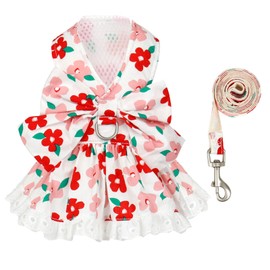 ABRRLO Cute Floral Dog Harness Dress and Leash Set for Small Dog Cats Girl Puppy Bowknot Princess Birthday Dress Summer Female Pet Small Dog Clothes Lace Doggie Kitten Outfits Apparel(Red,M)