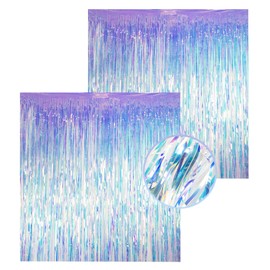 Sharonlily Gorgeous Iridescent Fringe Curtains, 2 Pack of 3.3X 3.3 ft Holographic Tinsel Backdrop Streamers, Sturdy Metallic Foil Door Curtain for Birthday Bachelorette