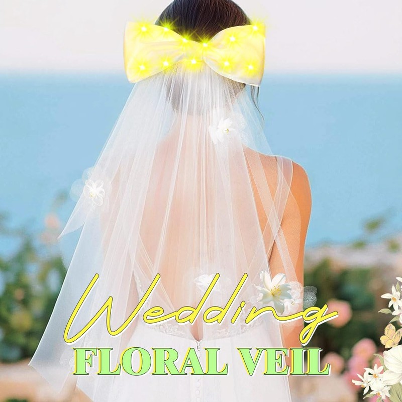 EARENT Light Up Tulle Bow Veil Bridal White Hair Clip