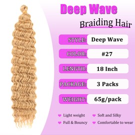 ZRQ Deep Wave Crochet Hair Light Brown 18 Inch 3 Packs Ocean Wave Curly Braiding Hair for Boho Braids Synthetic Curly Crochet Hair For Women #27