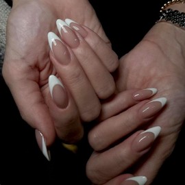 24 Pcs French Tip Almond False Nails - Natural Nude Press-On Medium Length - Glossy Full Cover, Removable, DIY Nail Art