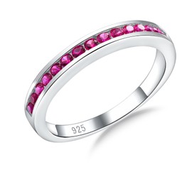 Red Stone Ring Sterling Silver Half Eternity Band Wedding Engagement Signet Ring 925 July Birthstone Ring Ruby Ring for Women, Size 7