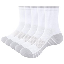 YUEDGE Womens White Cushioned Crew Socks For Women Size 9-11, Moisture Wicking Breathable Casual Everyday Work Gym Tennis Training Athletic Socks, 5 Pairs