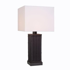 Ceybo 27.25 in. Outdoor/Indoor Table Lamp with Brown Rattan-Style Base and White Square Shade, Weatherproof Cord & Weighted Design – Ideal for Patio, Porch, or Living Room