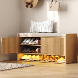 HOMEFORT 39.4" Fluted Shoe Storage Bench, Entryway Bench with Linen Seat Cushion, Shoe Cabinet Bench with Adjustable Shelf and Built-in LED Sensor Light, Bench for Bedroom End of Bed, Natural Oak