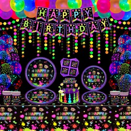 168 Pack Glow Neon Party Supplies Glow in The Dark Party Decorations BlackLight Party Tableware Set - Plates, Black Light Banners, Fluorescent Balloons, Graffiti Tablecloth, Garland, Napkins Serves 20