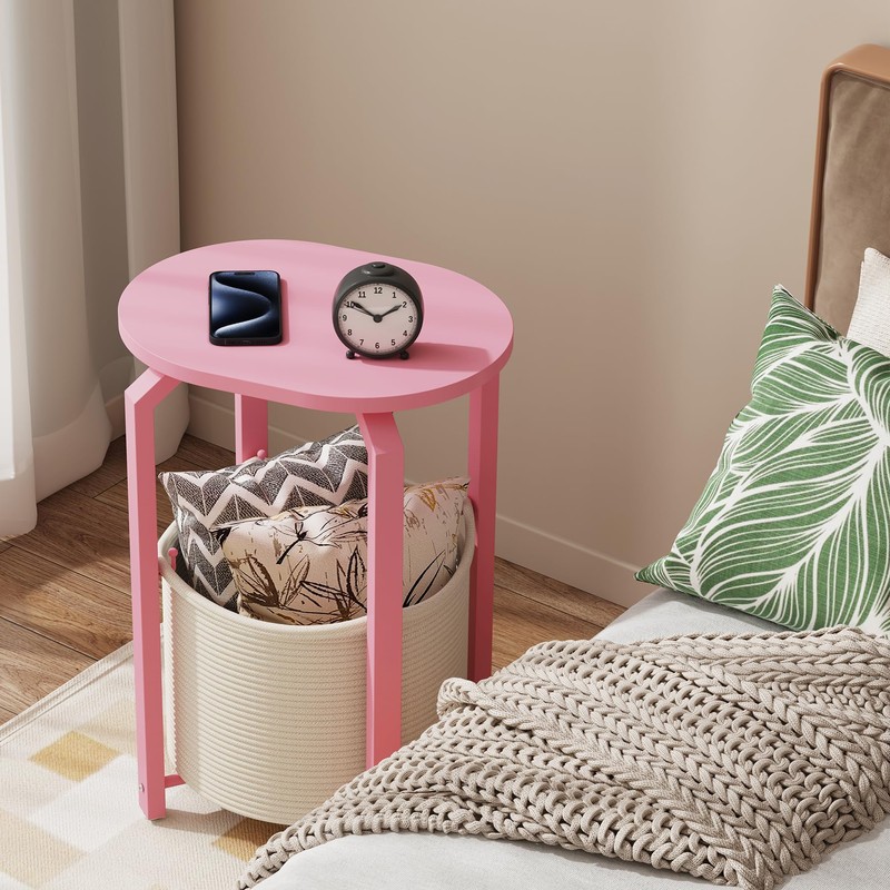 TUTOTAK Oval End Table with Woven Storage Basket, Pink Small