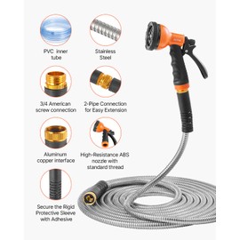 VEVOR Garden Hose Metal 75 ft, Rust Proof Stainless Steel Water Hose, Heavy Duty Backyard Hose with 10 Function Nozzle, No-Kink & Flexible Water Pipe, Lightweight Metal Hose for Yard, Outdoor