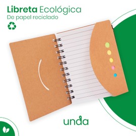 Generic Libreta Ecologica con Notas Adheribles Y Pluma | 70 Hojas Rayadas y Espiral Metálico Doble | Libreta de Notas con Post it en 5 Colores