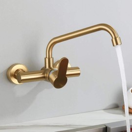 VNVMVDFO Wall Mount Kitchen faucets, Gold Brushed, 304 Stainless Steel, Wall-Mounted, Balcony Sink Laundry Sink Sink, rotatable,hot Water Faucet-Golden Big Bend(Golden Big Bend)