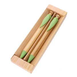 MPM Quality Bamboo Ballpoint Pen and Pencil Set with Wheat Straw Clip in Paper Box, Set of 2, Blue Ink and Pencil, Light Wood/Green, EKO Gifts Box, Eco-Friendly, Eco-Friendly