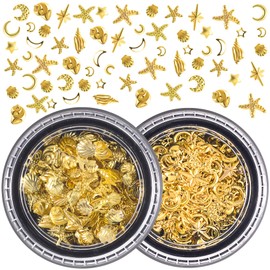 YALOJE 2 Disc 3D Ocean Nail Charm, Alloy Seashell Starfish Star Moon Nail Art Stickers, Summer Beach Nail Gems Decoration for Women, DIY Crafts, Cellphones- Gold, 12 Styles B