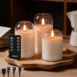 LEDHOLYT Rechargeable Glass Jar Flameless Candles, Realistic Flickering LED Pillar Real Wax Candle with Remote Control and Timer, Ideal for Living Room, Bedroom & Easter Home Décor, 1 Set of 3
