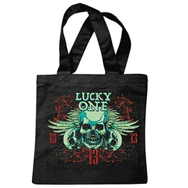 Reifen-Markt Tasche Umhängetasche LUCKY ONE SKULL BIKERSHIRT GOTHIC BIKE CLUB MC MOTORCYCLE CHOPPER CUSTOM MOTORRAD MOTORRADTREFFEN CLUB TREFFEN Einkaufstasche Schulbeutel Turnbeutel in Schwarz