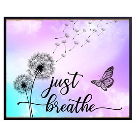 Just Breathe Wall Art - positive Quotes Purple Office Wall Decor for Women - Farmhouse Bedroom Inspirational Wall Decor - Motivational Shabby Chic Art - Zen Spa Wall Art, Butterfly Print