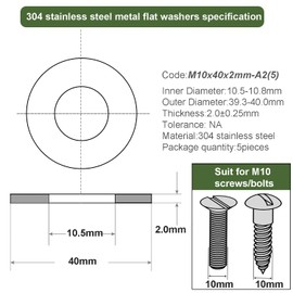 M10 Washers, M10 x 40mm Metal Flat Penny Washers Thickness 2mm-A2 304 Stainless Steel Washers (5 Pack),AMLOOPH Large OD Plain Wide Metal Washers, Round Flat Spacer Repair Washer For Screws Bolts