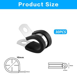 Stainless Steel Rubber Lined P Clips Assorted, 30 Pcs 10mm Hose Pipe Clamps, Hose Conduit Clips, Rubber-Lined P-Clips Metal Wire Cable Clamps for Cable, Cord, Wire, Tube - 10mm
