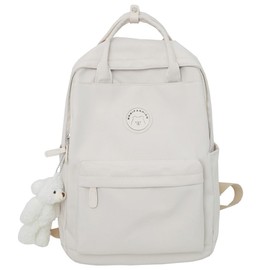 TIAASTAP Aesthetic Backpack School Bags for Girls Kawaii School Backpack with Cute Pendant Preppy School Bag for Kids Boys Teenage Primary Secondary Middle School (White)