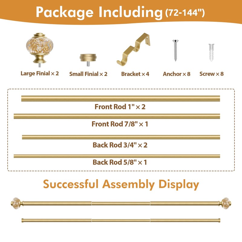 1 Inch Luxury Gold Double Curtain Rods 72-144 Inches (6
