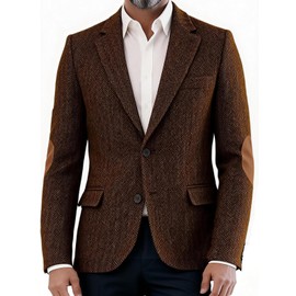 Men‘s Herringbone Blazer with Faux Suede Elbow Patches Textured Tweed Sport Coat Vintage Academic Casual Jacket Gray L