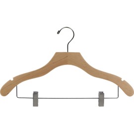 Wavy Wood Combo Hanger w/ Adjustable Cushion Clips, Box of 25 Space Saving 17 Inch Wooden Hangers w/ Natural Finish & Chrome Hook & Notches for Shirt Jacket or Dress by The Great American Hanger Company