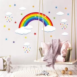decalmile Rainbow Wall Decals White Clouds Colorful Raindrops and Stars Wall Stickers Baby Nursery Kids Bedroom Wall Decor (Large 97cm x 53cm)