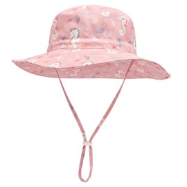 YANWANG Baby Kids Adjustable Bucket Sun Hat, UPF 50+ Sun Protection Beach Cap for Toddler Boys Girls(Pink Seahorse,2-6years)