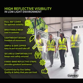 CustomGrips BY SISO SAFETY, 3X-Large Safety Vest with Reflective Strips, Neon Zipper Visibility and Pockets, Breathable Multipurpose Work Vest for Men and Women