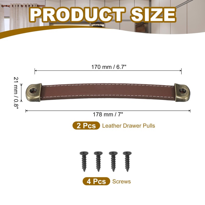 PATIKIL 7" Leather Drawer Pulls with Iron Sheet, 2 Pcs