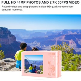 Digital, FHD 1080P Kids Camera 44MP Point and Shoot Digital Cameras with 64GB SD Card, 16X Zoom, Batteries, Lanyard, Compact Small for Kids Boys Girls (Camera Kit, Pink)