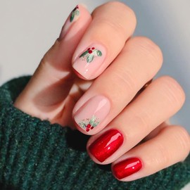 LOPMNGHT Christmas Red Press on Nails Short Square Green Christmas Leaves False Nails with Design Winter Xmas Acrylic Nails Full Cover Glossy Coffin Nails Reusable Glue on Nails for Women 24Pcs