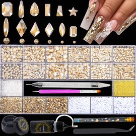 Nail Rhinestones Kit 9080Pcs Champagne Crystal Multi-Shape Flatback Rhinestones for Nail Crystals Decoration Nail Hearts Mix Size and Metal Beads Pearl Gold Silver with glue gel and pen brush tweezers