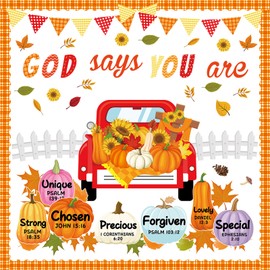 PYURTHITY 85 PCS Religious Bulletin Board Decorations God Says You are Bulletin Board Sets Inspirational Classroom Wall Decor with Fall Pumpkin Truck Sunflower Bible Sets for Church Sunday School
