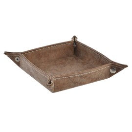 DRW Brown Faux Leather Square Tray, 18 x 18 x 4 cm