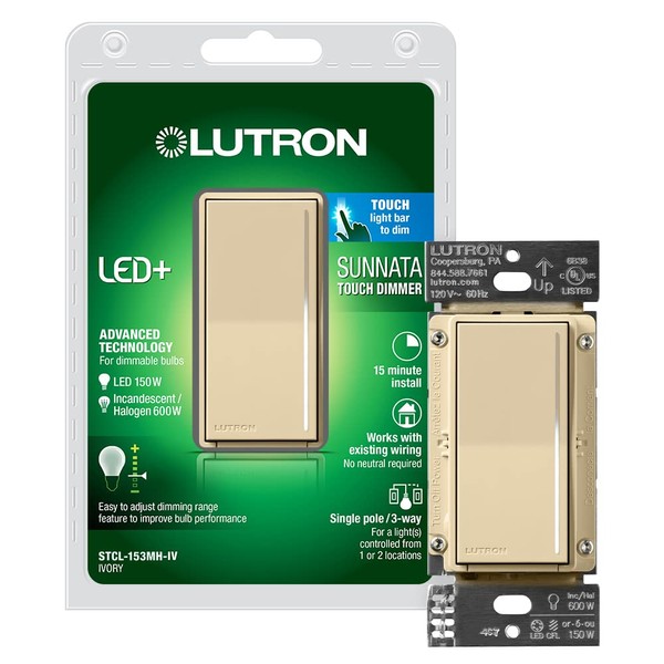 Lutron Sunnata Touch Dimmer Switch with LED+ Advanced Technology, for LED, Incandescent and Halogen, 3 Way/Multi Location, STCL-153M-IV, Ivory