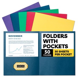 Folders with Pockets - (50 Pack), 8.5 x 11 Letter Size, 5 Bright Colors, Two Pocket Folders - Ideal for Easy and Efficient Document Organization