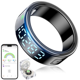 AKIKI Smart Rings for Women Men, Fitness Tracker Ring with LED Display Screen, IP68 Waterproof Fitness Ring with Sleep Tracker/Heart Rate/Blood/Oxyge, Charging case (Black, 8)