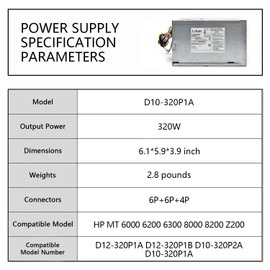 D10-320P2A 320W Power Supply Compatible with HP MT 6000 6200 6300 8000 8200 Z200 CFH-0320EWWA DPS-320NB, P/N: 611484-001 613764-001 613765-001 503377-001