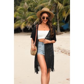 Hotouch Knit Long Cardigan for Women Short Sleeve Open Front Thin Lightweight Sweater Hollow Out Crochet Black M