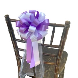 White & Lavender Pull Bows with Tulle Tails - 8" Wide, Set of 6, Wedding Pew Bows, Christmas, Aisle Decor, Reception, Anniversary, Birthday, Fundraiser, Valentine's Day, Easter