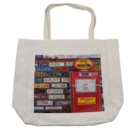 Lunarable Americana Shopping Bag, Various Old American License Plates Behind Antique Gas Pump in Rural Utah, Eco-Friendly Reusable Bag for Groceries Beach and More, 15.5" X 14.5", Cream