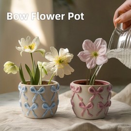 Yokiiimakiii Ceramic Flower Pots for Indoor and Outdoor Plants, Succulent Orchid Round Clay and Terracotta Planter for Garden Home Modern Decoration 5.3 Inch (Pink Bow, Without Saucers)