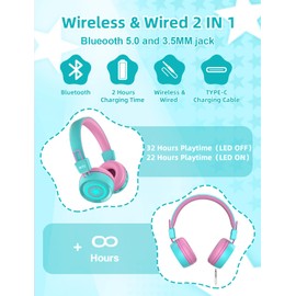 riyo Bluetooth Kopfhörer Kinder, Kinderkopfhörer Kabellos mit LED-Leuchten Bluetooth 5.0 Kinder Kopfhörer Faltbare Stereo Sound für Schule/Tablet/PC