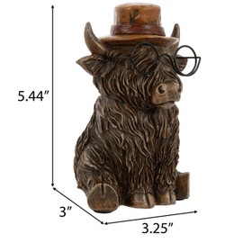 Hobby Lobby Highland Cow Figurine with Glasses and Hat, Rustic Farmhouse Decor, Brown Resin, 5.44 x 3.25 x 3 inches